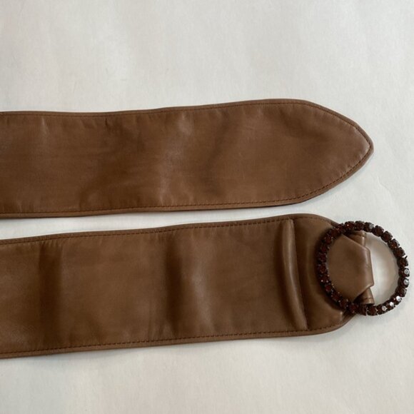 Brown Faux Leather Belt with Beaded Buckle Waist Cinch Size M/L main image 5